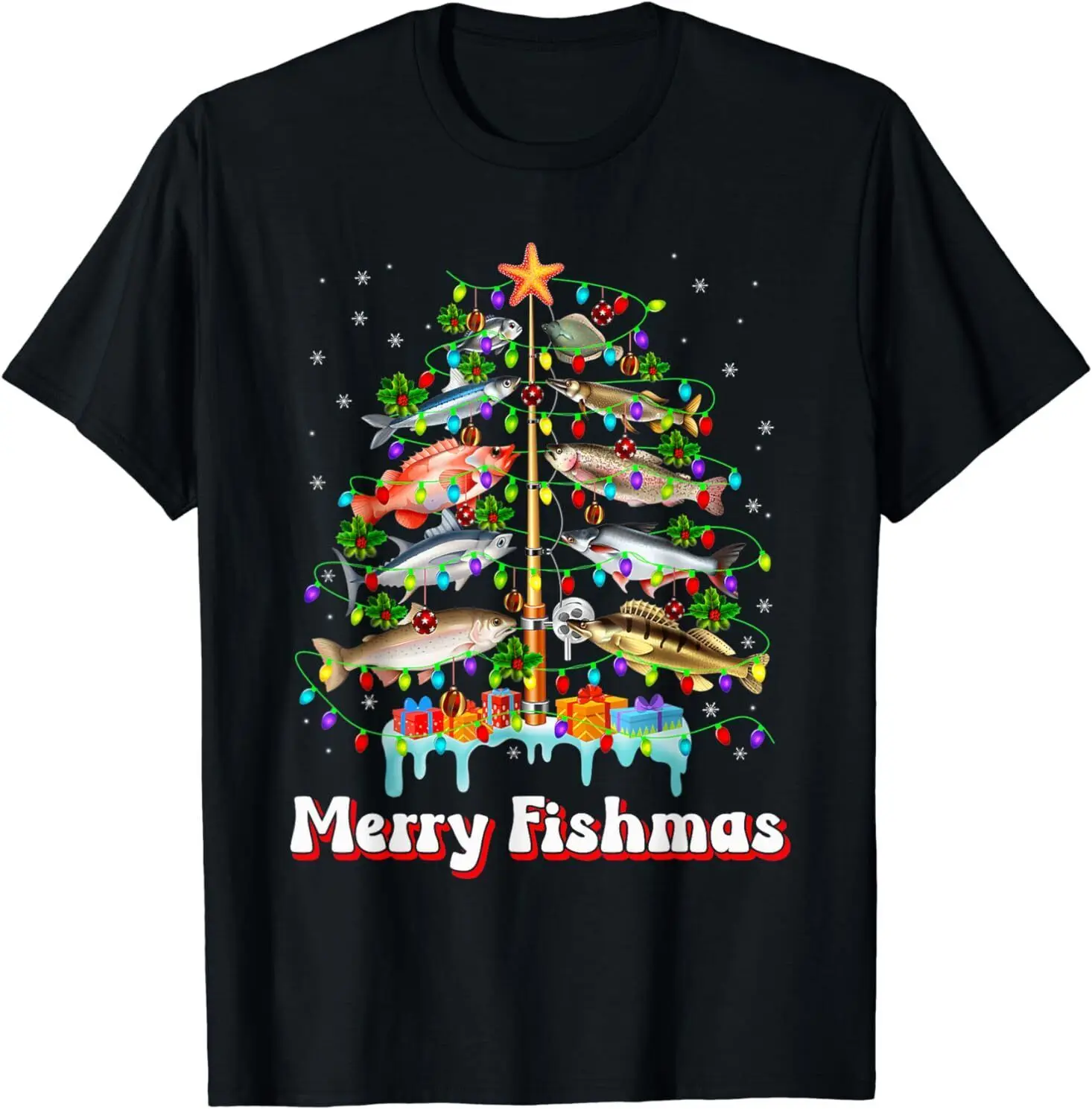 NEW Merry Fishmas Christmas Tree Funny Fish Fishing Fisherman Tee T-Shirt S-3XL