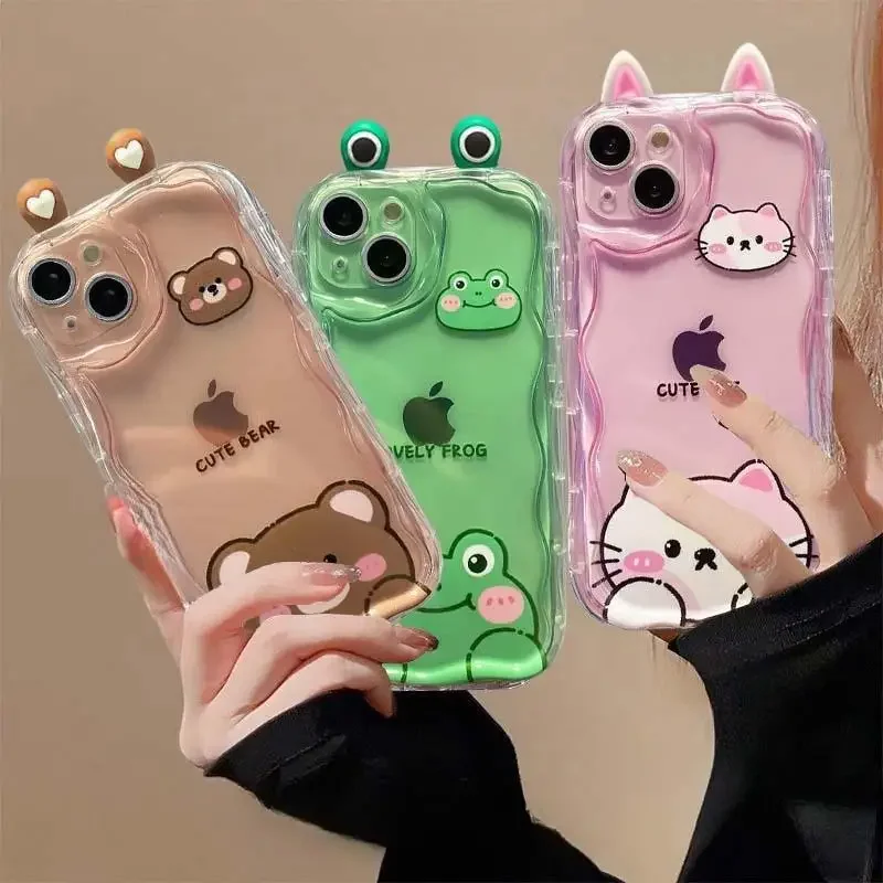 3D Cat Ears Frog Eyes Cute Shy Animal Pattern Case for OPPO Reno 11 5G 11 12 Pro 11F 12F A79 5G A60 Reno 7 4G Clear Wavy Cover