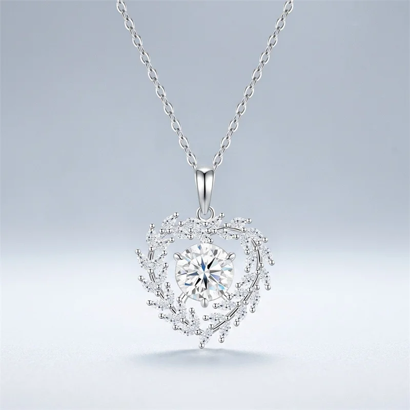 ZFSILVER Fashion Classic 925 Silver Moissanite Trendy Design Leaf Heart Necklace For Charm Women Accessories Jewelry Gift P17676