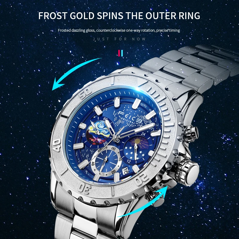 FEICE Men\'s watches Exquisite Timepiece Stunning Watch Fashion Dress Wrist Watch Moon Phase Day Date Luminous Waterproof FK131