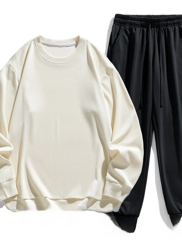 

Мужской спортивный костюм для бега на весну-осень: худи с круглым вырезом и длинными рукавами, брюки, комплект из двух предметов, простой дизайн, повседневный стиль.