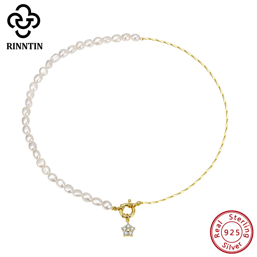 

Rinntin модная стерлингового серебра 925 пробы с цирконием и звездами, бамбуковая цепочка 5-6 мм, пресноводный жемчуг, короткая цепочка на ключицы, ювелирные изделия GPN92