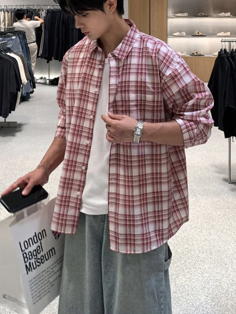 Men's Plaid Casual Shirt Checkered Pattern Oversized Long Sleeve Streetwear Loose Top GF5I