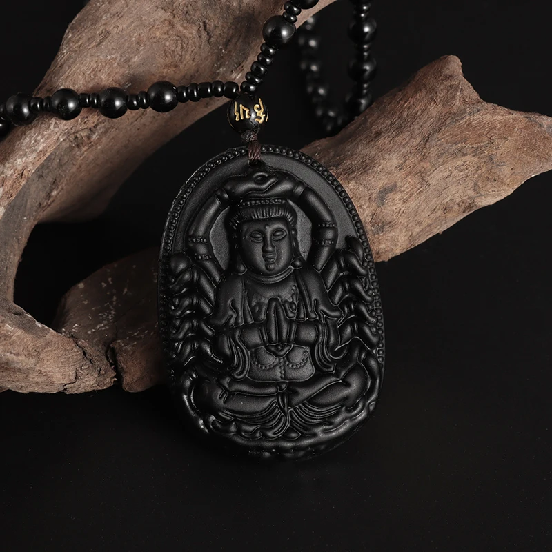 Exquisite Charm Faux Obsidian Carved Guanyin Pendant Beaded Necklace Vintage Patronus Amulet Necklace for Men and Women