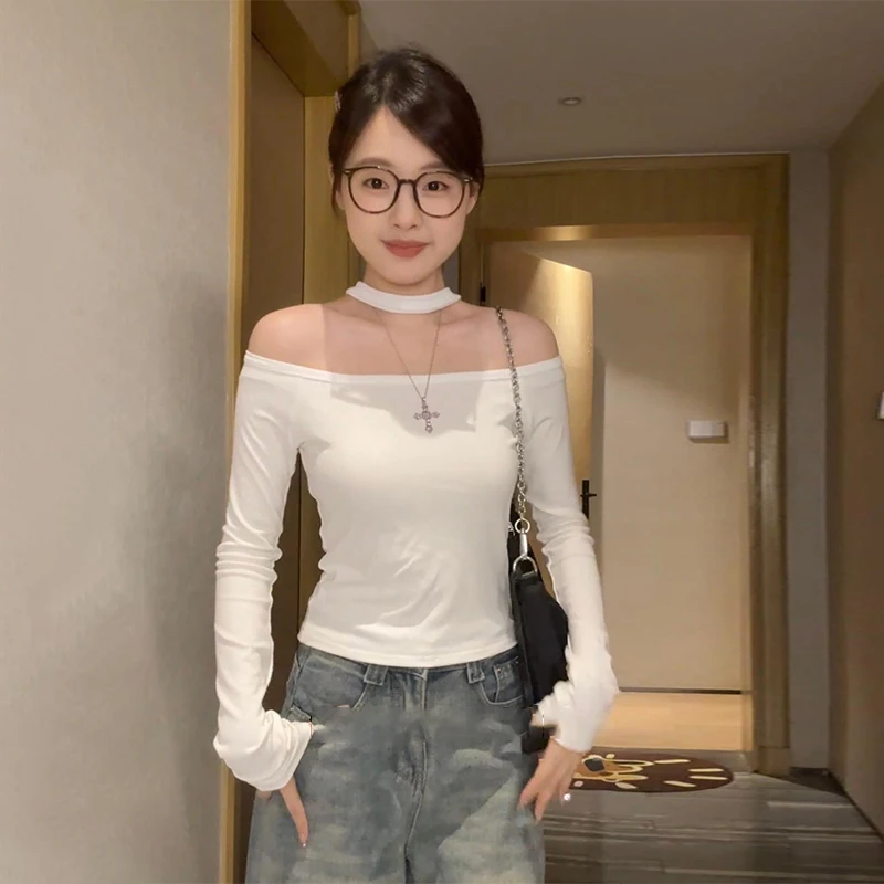 Early Autumn Long Sleeve T-shirt Halter Neck Off-shoulder Chic All-match Convertible Tops