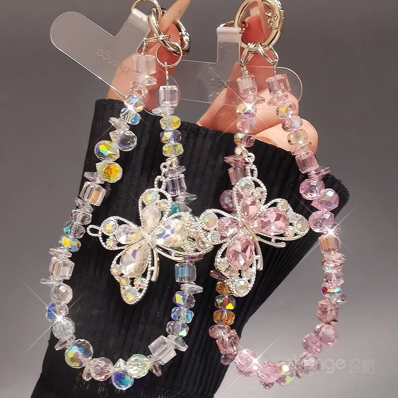 Sparkling Butterfly Charm Wrist Lanyard Rhinestone Beaded Anti-lost Hand Strap for Phone Camera Women Jewelry Accessory