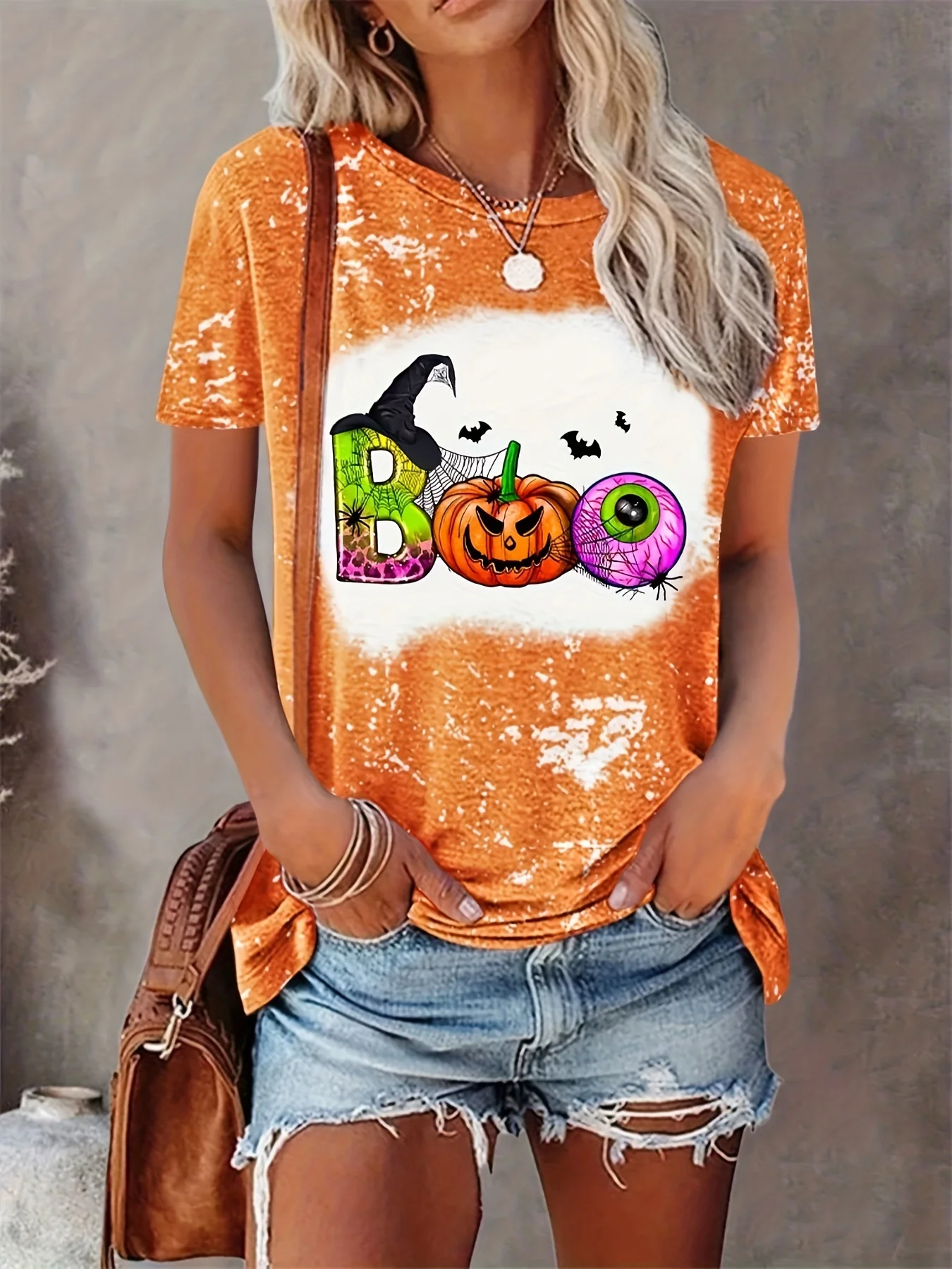 Halloweenowa koszulka z nadrukiem dyni i ducha dla kobiet Plus Size bluzka krótki top letnia odzież damska modna koszula z krótkim rękawem