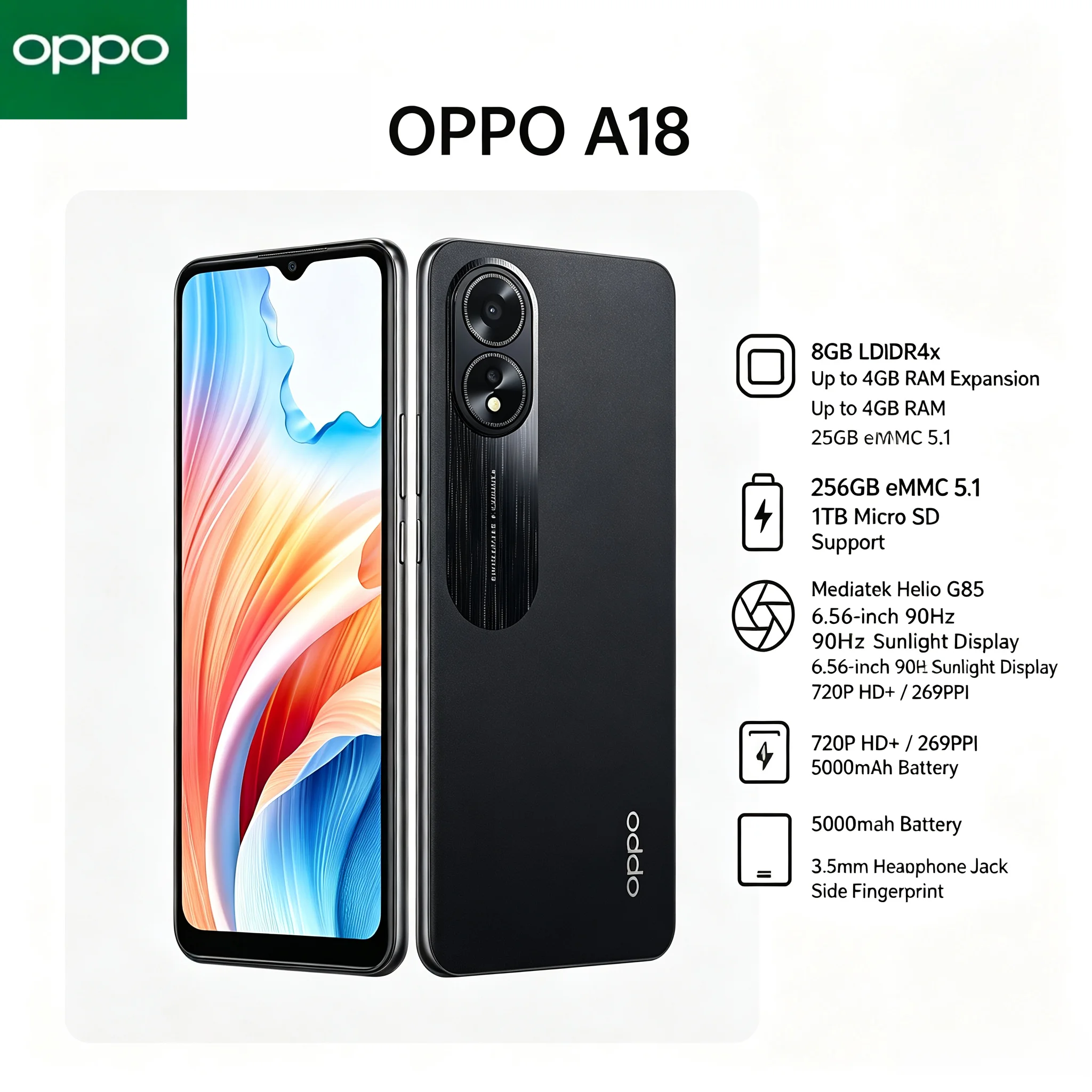 OPPO A18 Dual SIM Smartphone 2026 8GB 256GB Helio P35 6.5' HD+ Display 5000mAh Battery 48MP AI Dual Camera