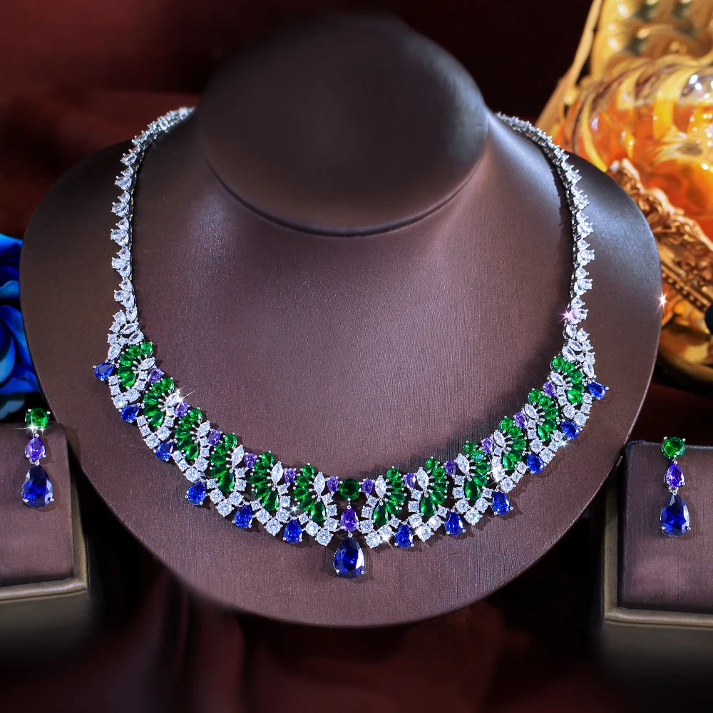 

ThreeGraces Vintage Shiny Blue Green Cubic Zirconia Luxury Water Drop Bridal Wedding Evening Party Jewelry Set for Women T1083