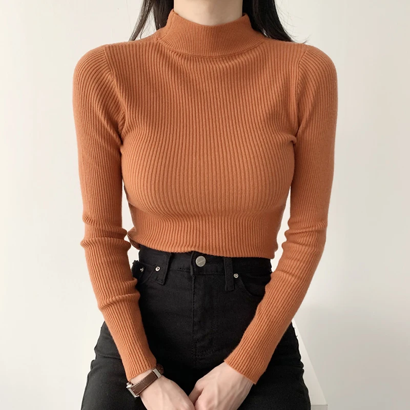 시크한 가을 겨울 슬림핏 긴팔 니트 스웨터 하이넥 스트라이프 베이스 레이어 순색 니트웨어 편안하고 부드러움