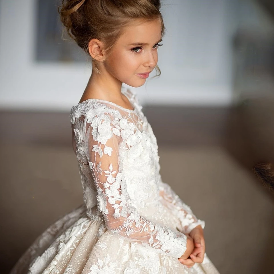 Ball Gowns Baby Girls Party Dress Kids Beading Puff Sleeves Plain Children Baptism  Birthday Flower Girl Dresses For Wedding