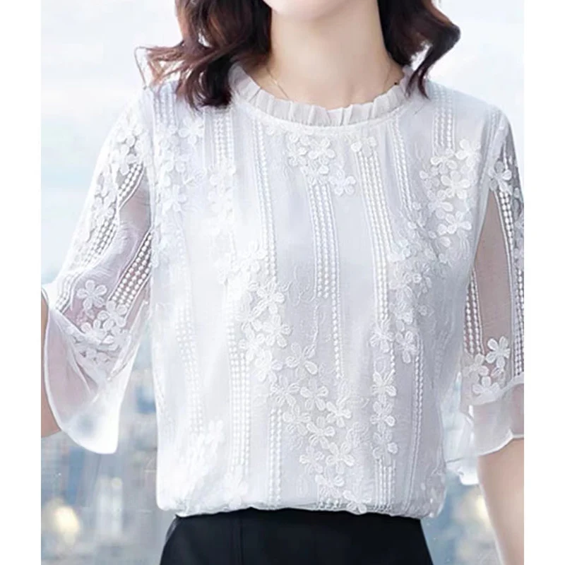 Elegant Fashion Solid Hollow Out Lace Floral Chiffon Shirt Summer New 2022 O-Neck Half Flare Sleeve Loose Blouse Female Clothing