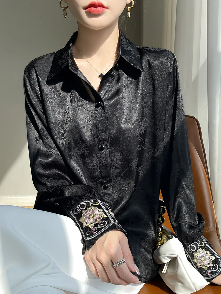 

New Chinese Style Long Sleeve Women's Shirt Acetate Satin Embroidered Design Traditional National Trend Tang Costume Top