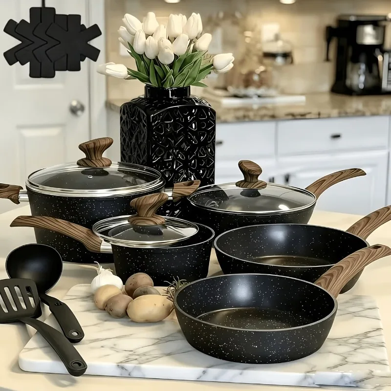 12Pcs Non-stick Pots and Pans-black, Non-Stick Cookware Set Complete Kit With Frying Pans, Casserole, Saucepan, Lids Compatible, Pan Protector - Heavy-Duty Durable Cookware For All Stovetops (Hindu/Induction).