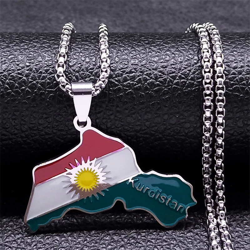 Kurdistan Region Map Necklace for Women Men Chains Stainless Steel Kurdistan Flag Map Pendants Necklace Jewelry Collar N6212S01