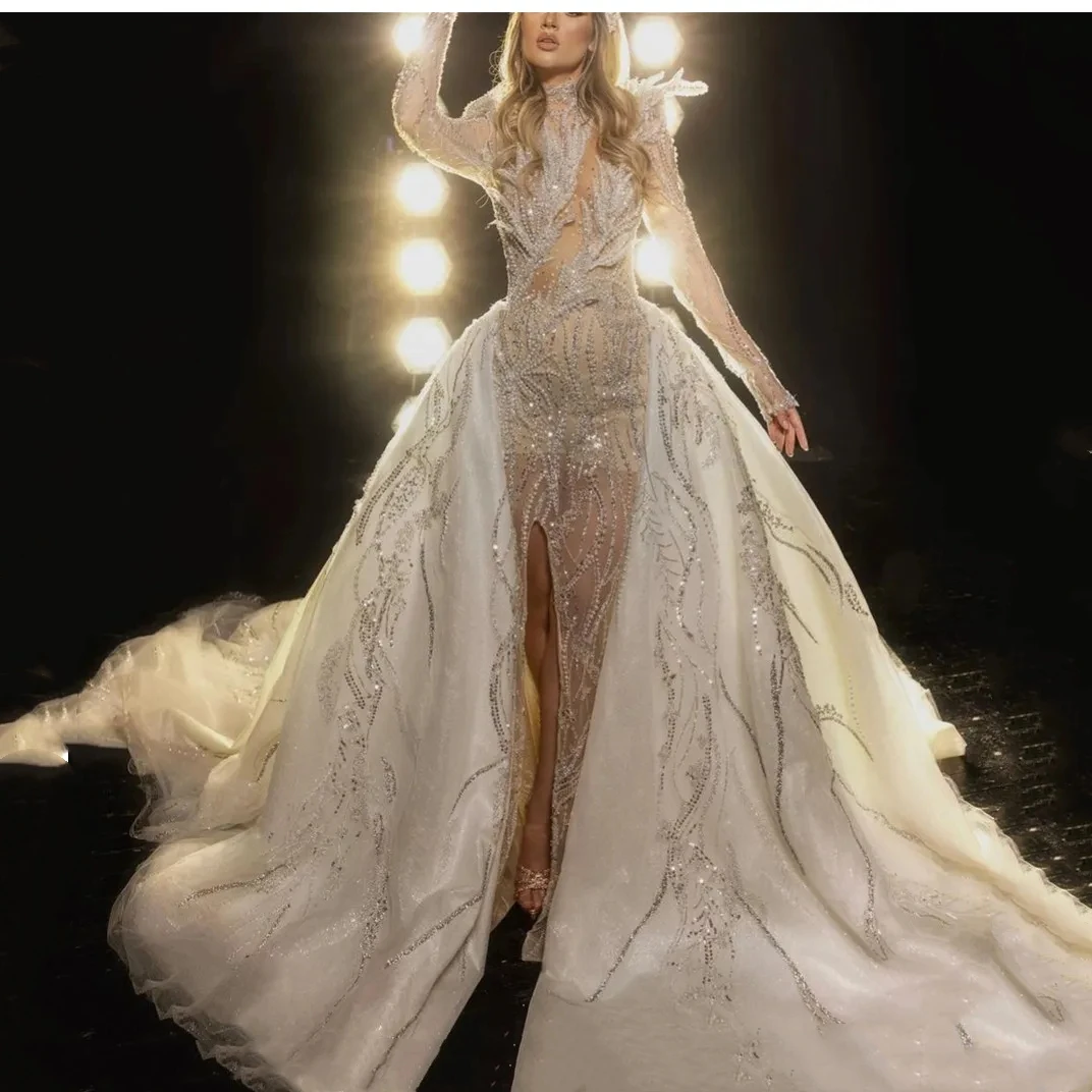 Perle Sexy perline abiti da sposa con paillettes treno staccabile abiti da sposa a sirena abiti su misura De Novia