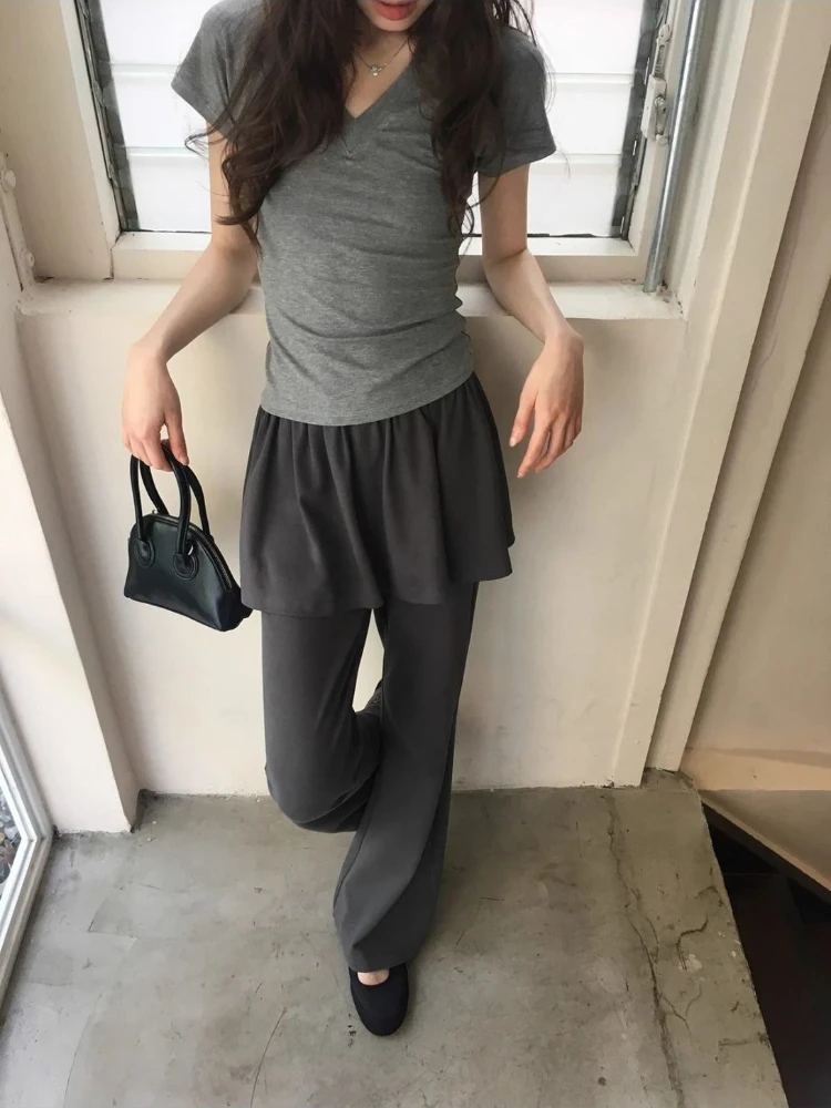 Deeptown Gray Fake Two-Piece Flared Pants Women Korean Fashion Skirts Patchwork Trousers Slim Casual Street Coquette Pantalones