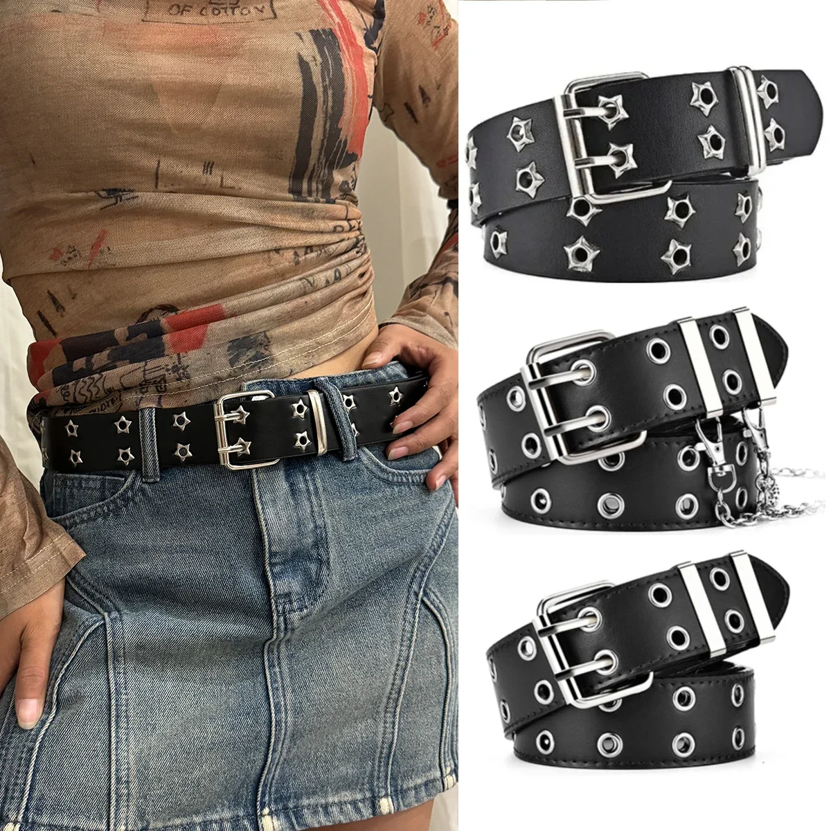Damengürtel, großes Doppelloch, Herrengürtel, Punk, Hip Hop, Rock-Stil, Subkultur, Y2K-Gürtel, stanzfreier Gürtel für Männer und Frauen
