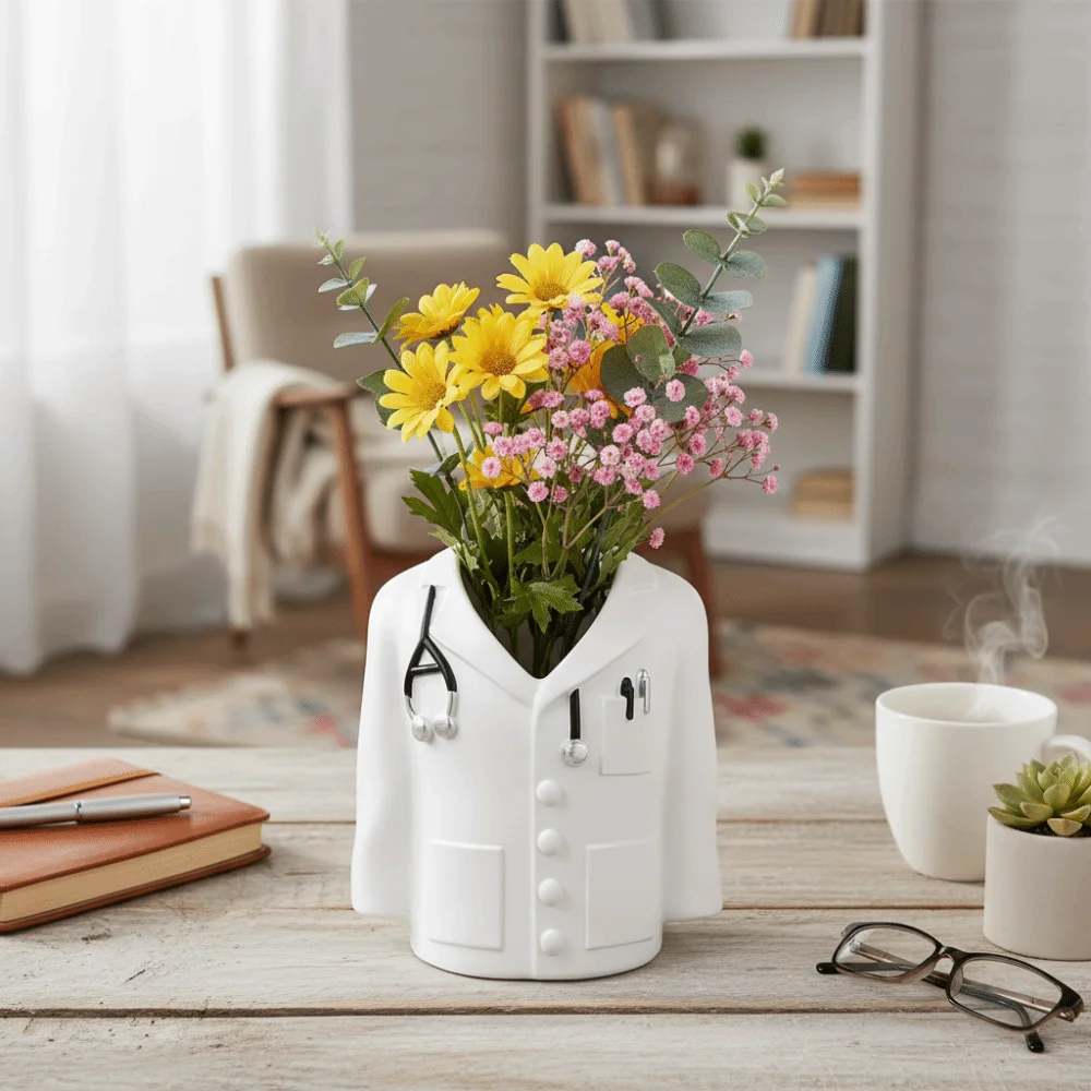 

Creative Resin White Coat Pen Holder Novelty Unique Dried Flower Vase Decoration Cylinder White Art Themed Storage Crafts Foyer
