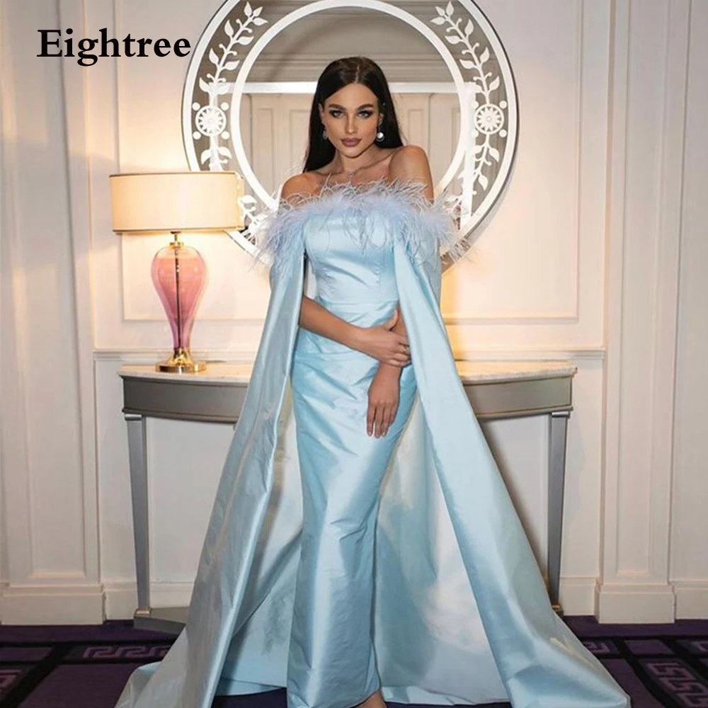 

Eightree Sky Blue Satin Evening Dresses Mermaid Feathers Satin Elegant Long Abendkleider Dubai Formal Occasion Dresses 2023