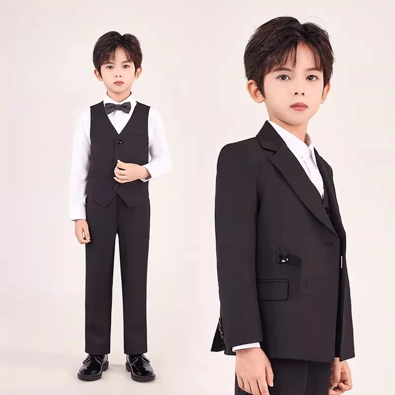 Boys Italian design Side Button Blazer Vest Pants Photography Suit Set Kids Wedding Dress Children Host Performance Costume
