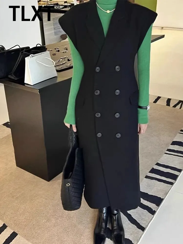 

TLXT простой модный двубортный черный костюм с лацканами, жилет, платье трапециевидной формы для женщин, весна-осень 202, новинка XK1058
