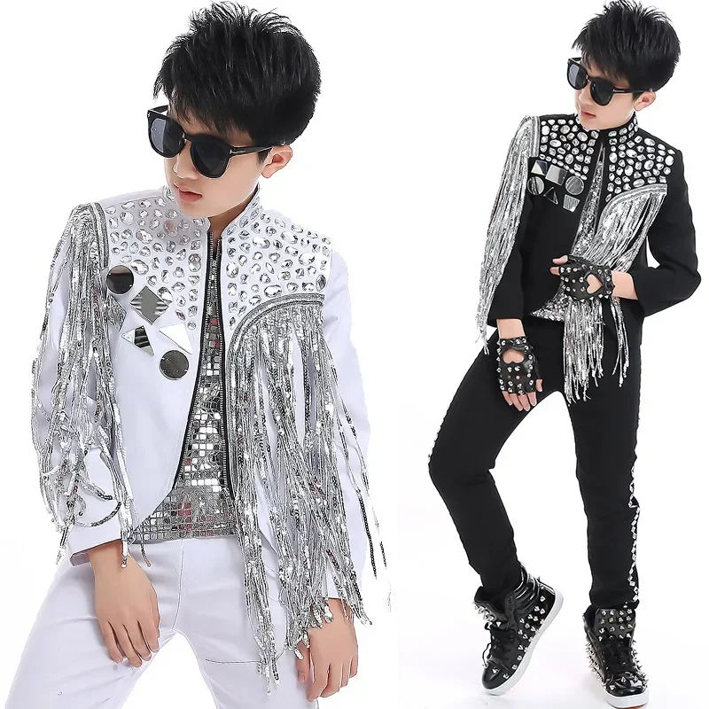 

Boys Hip Hop Dance Costumes Silver Sequin Fringed Coat Children Singer Stage Clothes Kids Modern Jazz Performance Wear DNV12472