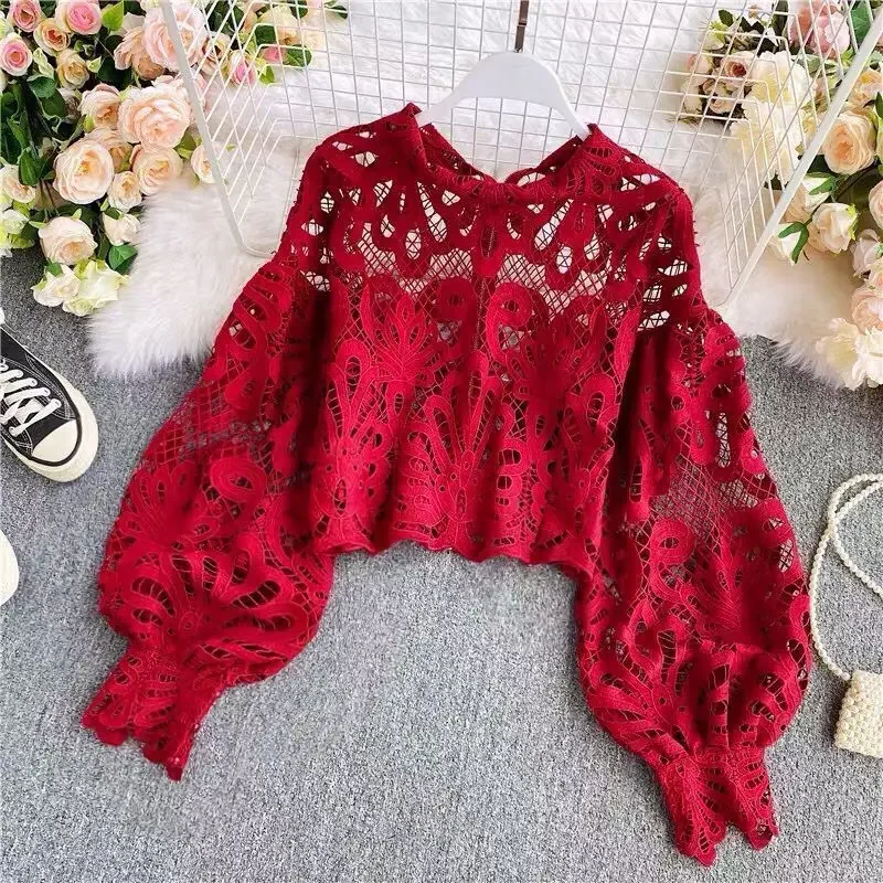 French Palace Style Lace Flower Women Shirt Hollow Out Blouses Women Temperament Fashion Lantern Sleeve Blusas Femininas