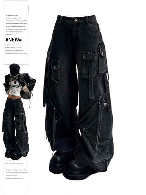 Damskie czarne gotyckie jeansy Cargo Jeans Harajuku Oversize Denim Trousers Y2k 90s Vintage 2000s Emo Jean Pants Trashy Clothes 2024