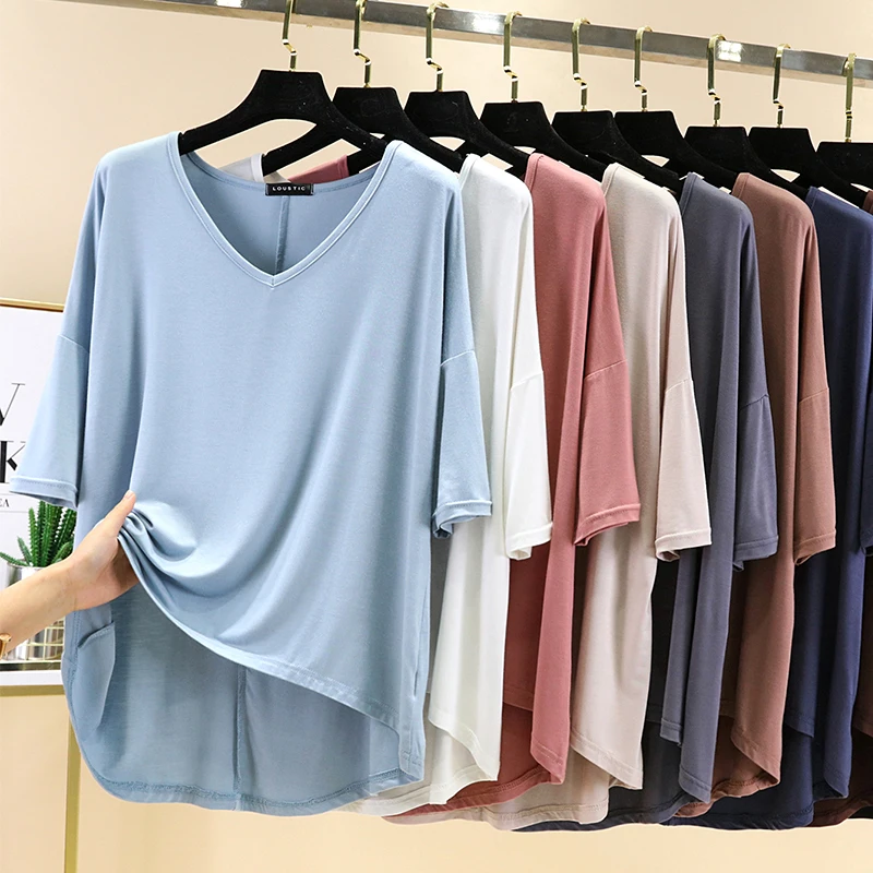 Camiseta feminina plus size Ice Silk V-Ne ort Sve Slim Fit Thin Modal Base irt Home Wear Confortável Respirável Verão...