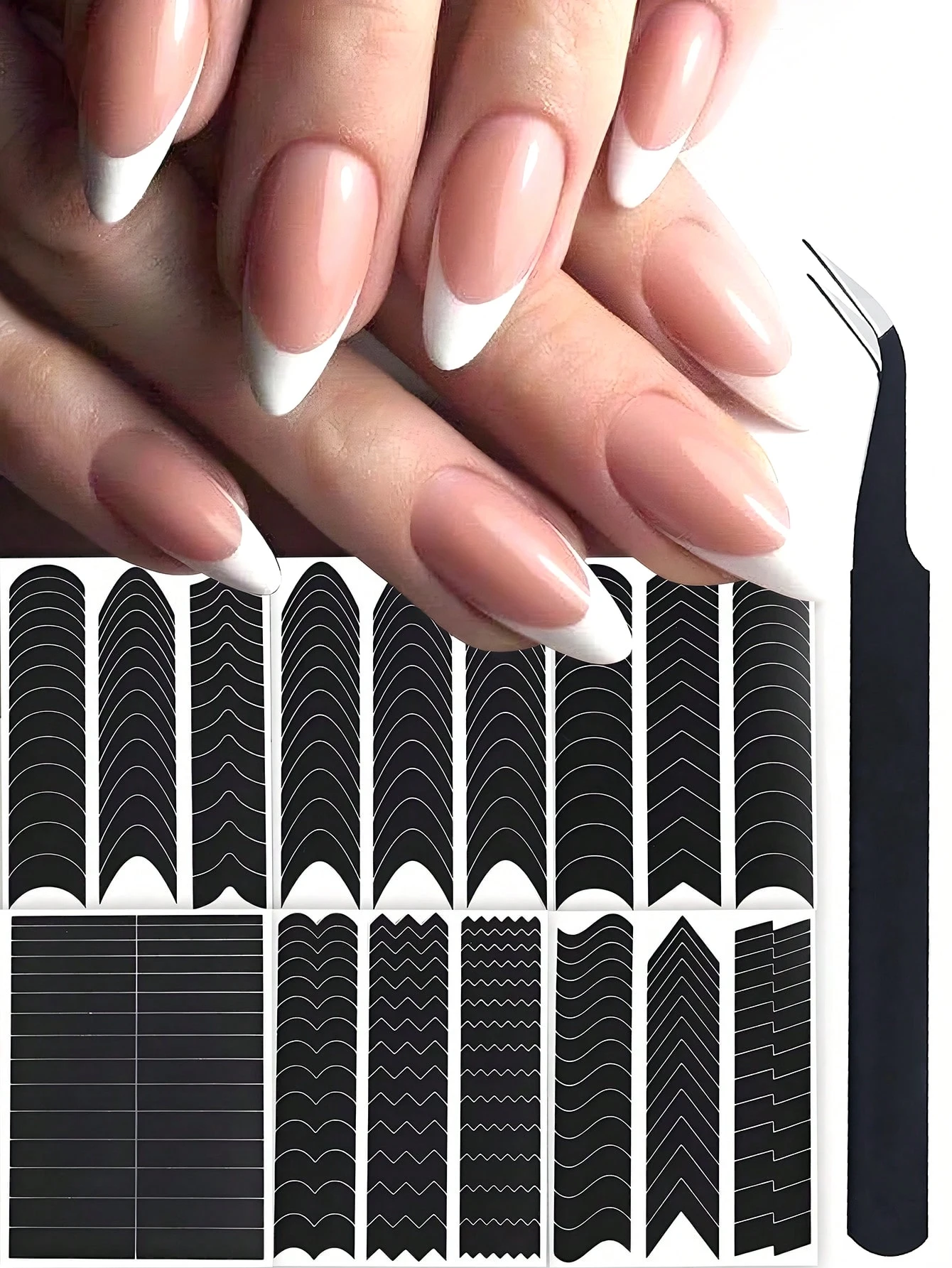 1 Set mit 6 Stück Nail Art Spray Aufklebern mit Pinzette, französische Styling-Vorlage, Nagelaufkleber, Positionierungsunterstützungswerkzeug