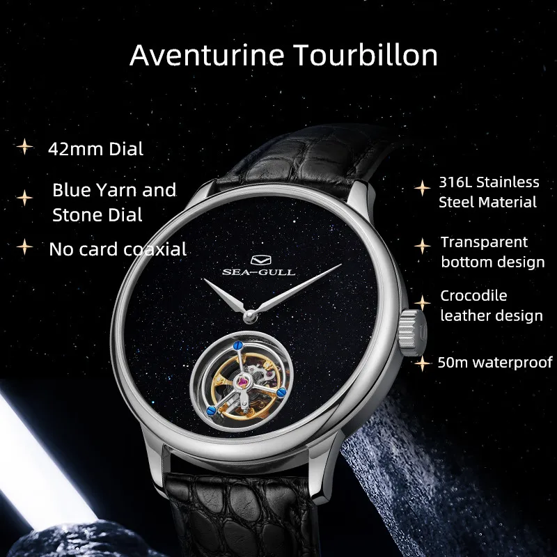 Seagull Tourbillon Men Watch ST8230 Manual Mechanical Vintage Skeleton Wristwatch Elegant Crocodile Strap Relogio Masculion 6144