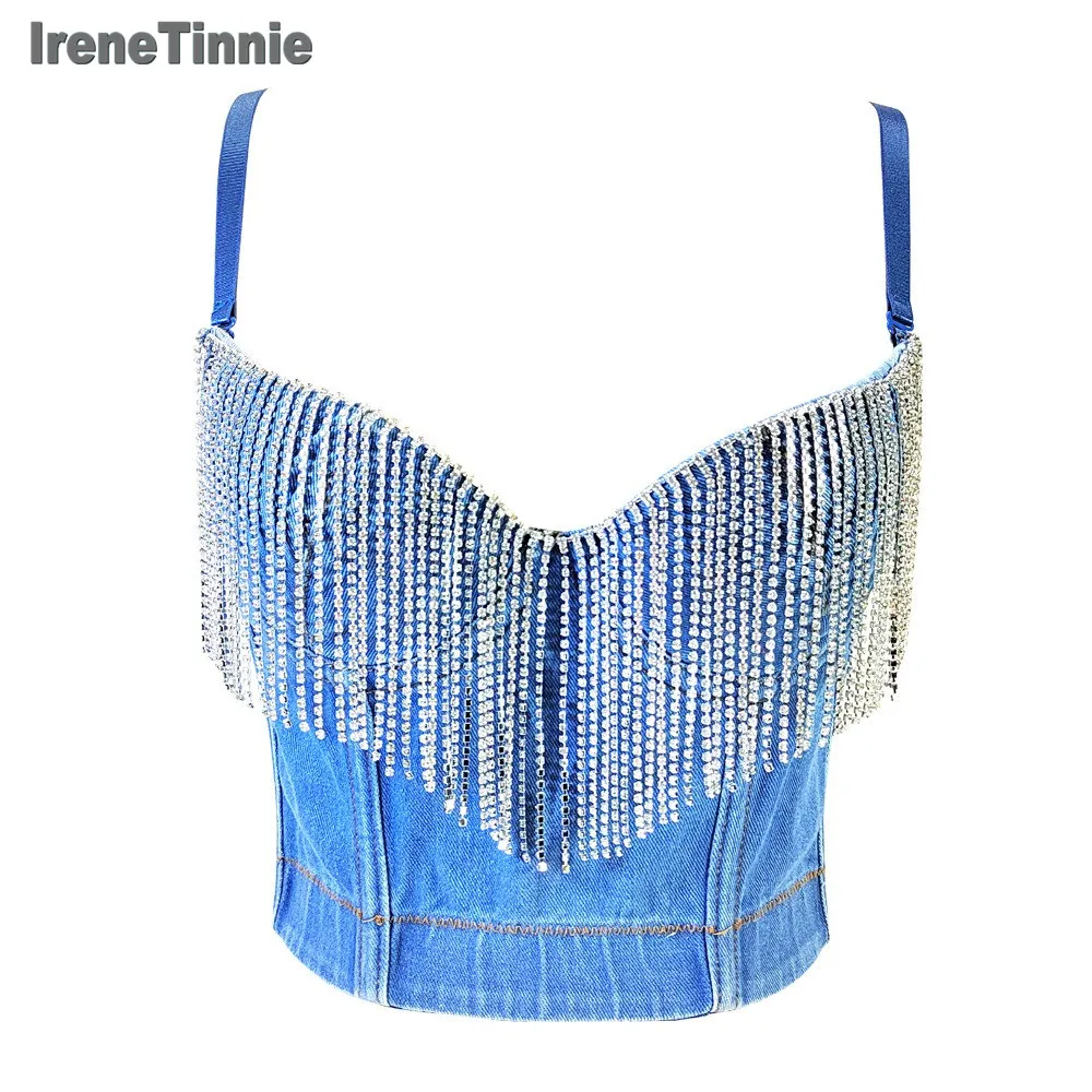 IRENE TINNIE 2024 Corset Top Build In Bra Crystal Diamond Tassels Women Sexy Denim Camisole Fashion Y2K Street Party Clothes