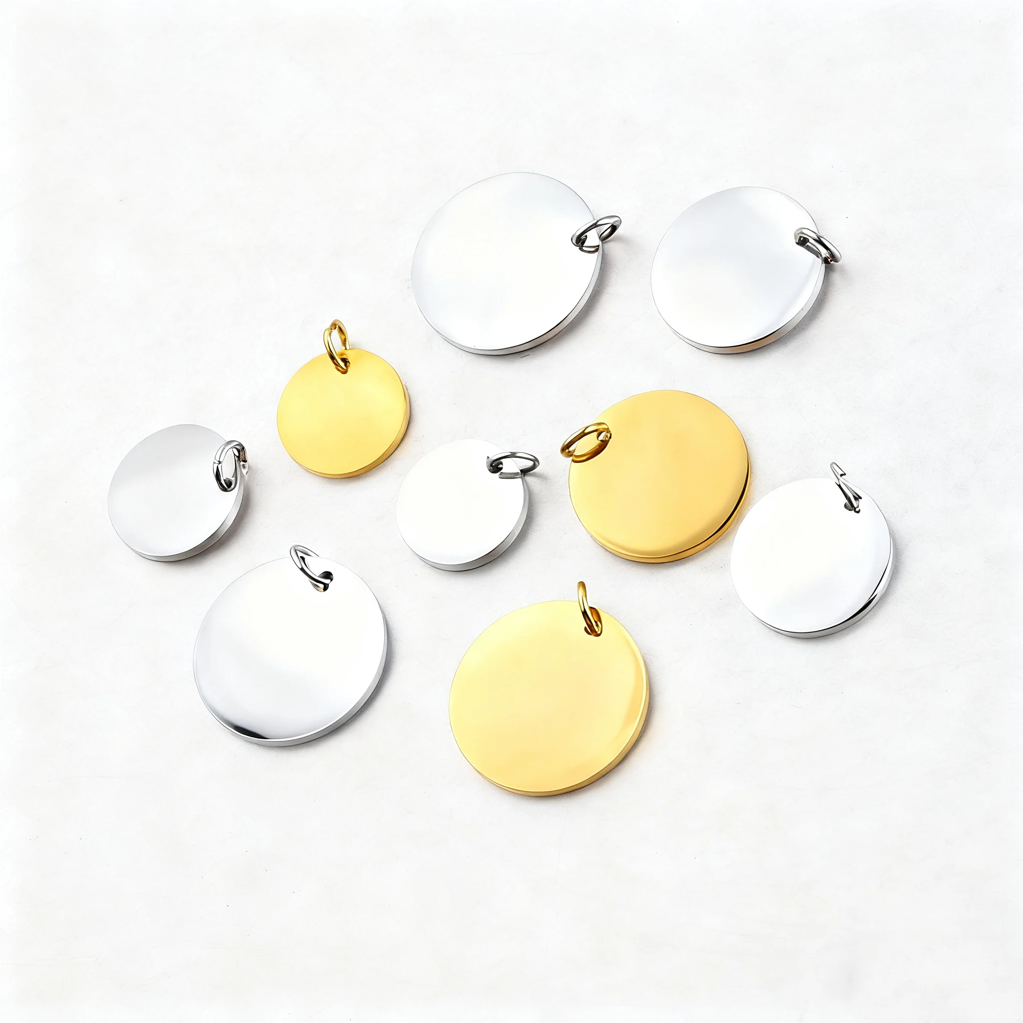 

20pcs/lot 15/18/20/25mm Mirror Polished Stainless Steel Blank Disc Round Tag With Jump Ring Charm Pendant for DIY Jewelry Making