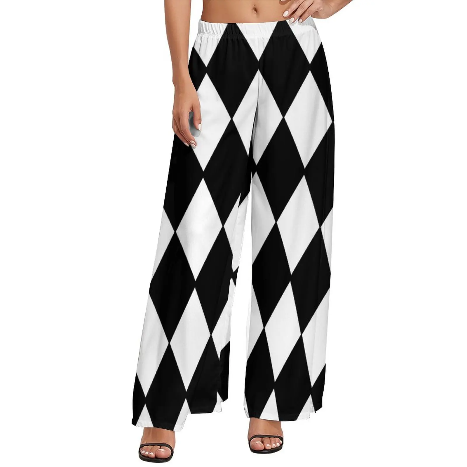 

Check Print Pants High Waist Black and White Contrast Casual Trousers Streetwear Printed Wide Pants