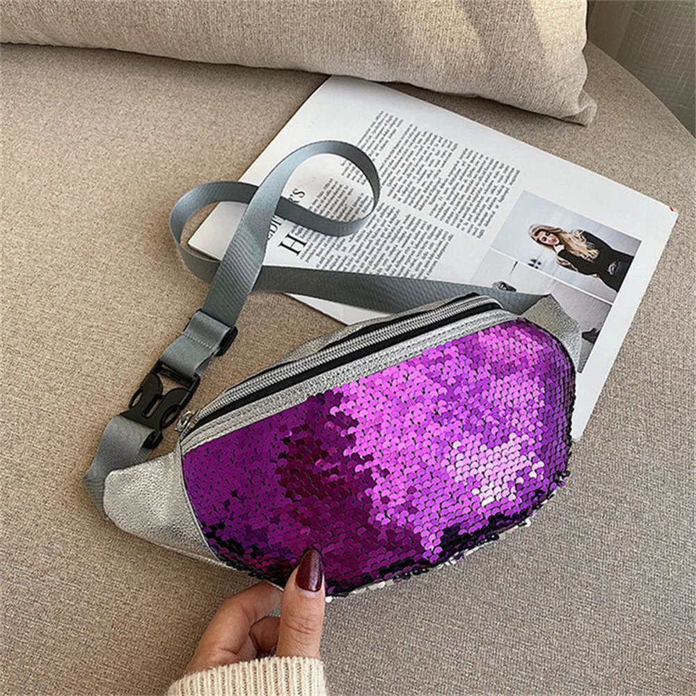 Glitter Lantejoula Fanny Pack para mulheres, bolsa de cintura, bolsa de peito, couro, cintos de bum, bolsa de ombro, viagem, bolsa esportiva, nova moda