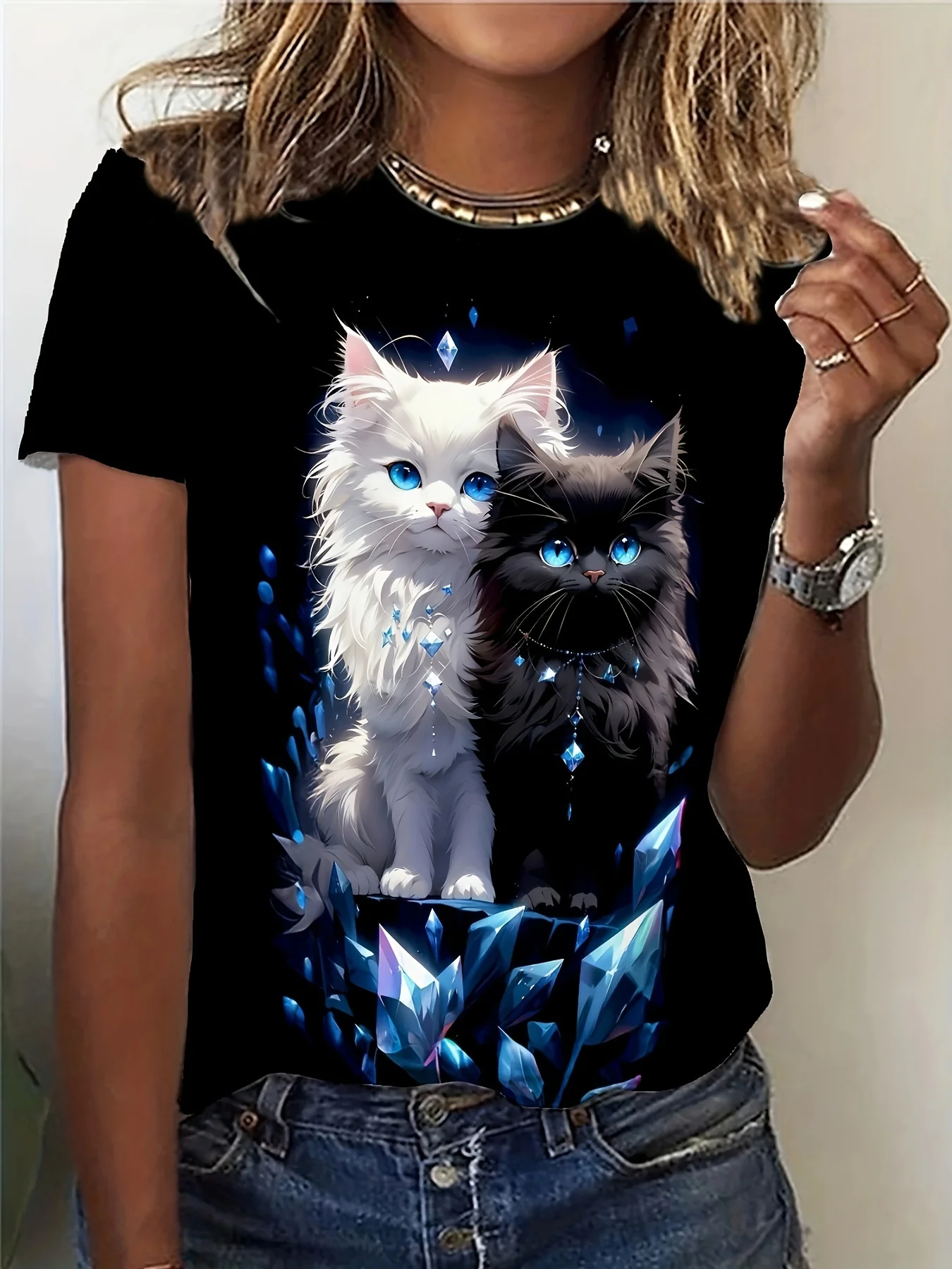 Women's Tee - White & Black Crystal Cats Graphic, Mystical Glowing Feline Design for Casual Daily Wear