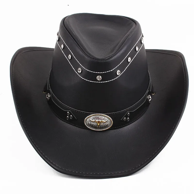 Black Leather Sombrero hombres Western Cowboy Hat Men\'s Gentleman Godfather Hat PU Material Panama Cowboy Hat Jazz Hat