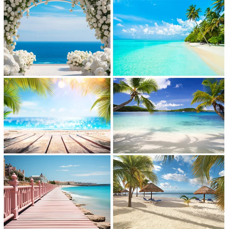 

Tropical Beach Natural Landscape Photography Backdrops Landscape Blue Sky Sea Palm trees Summer Vacation Photo Background ST-04