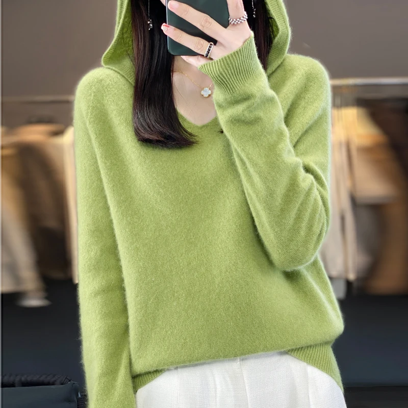 Women's Sweater Hooded V-Neck Loose Pullover Long Sleeve Knit 2023 New Seamless Readymade 100% Pure Woolen Sweater Autumn/Winter