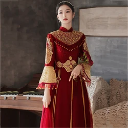 Chinese Bride Wedding Dress Qipao Classic Mandarin Collar Cheongsam Evening Party Dress Patchwork Embroidery Lace Maxi Dress