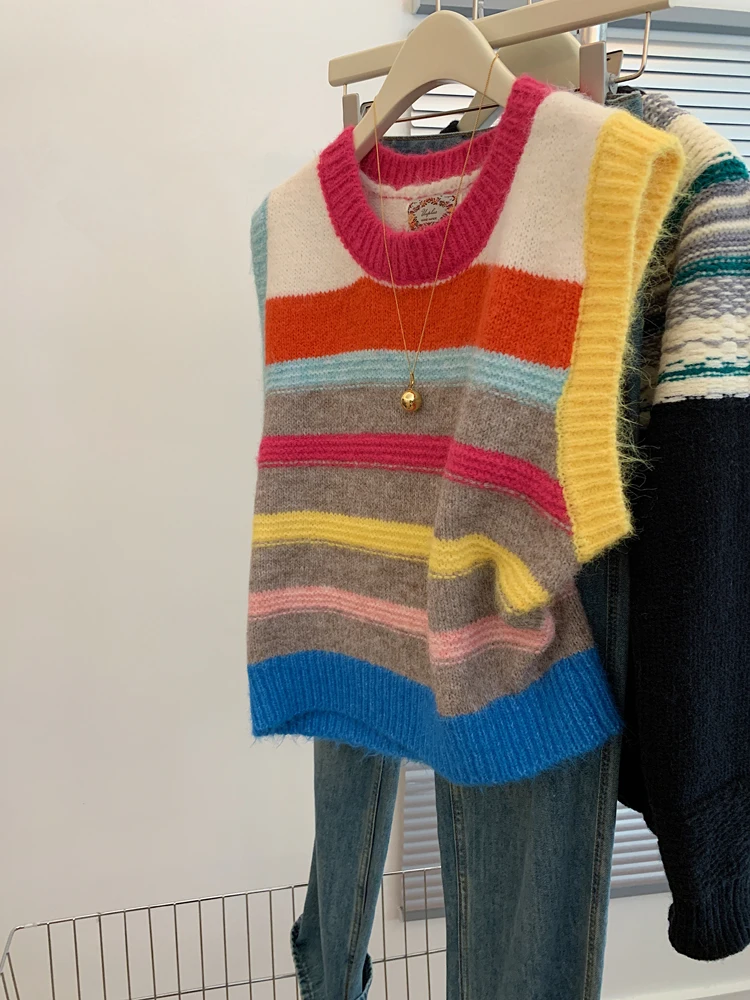 

Женский вязаный жилет в полоску, базовая майка с широкими бретелями, утолщенная, для повседневной носки