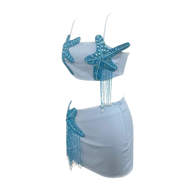 YOUR BUMP CURVE Handmade Starfish &Pearl Beaded Two-PieceSet Sexy woman HalterCrop Top and Mini Skirt Honeymoons Vacations