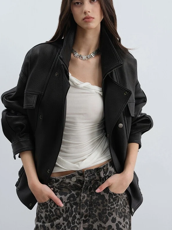 Clássico haifeng bolha couro jaet piloto colarinho motocicleta jaet feminino na moda outerwear eepskin longo sve casaco