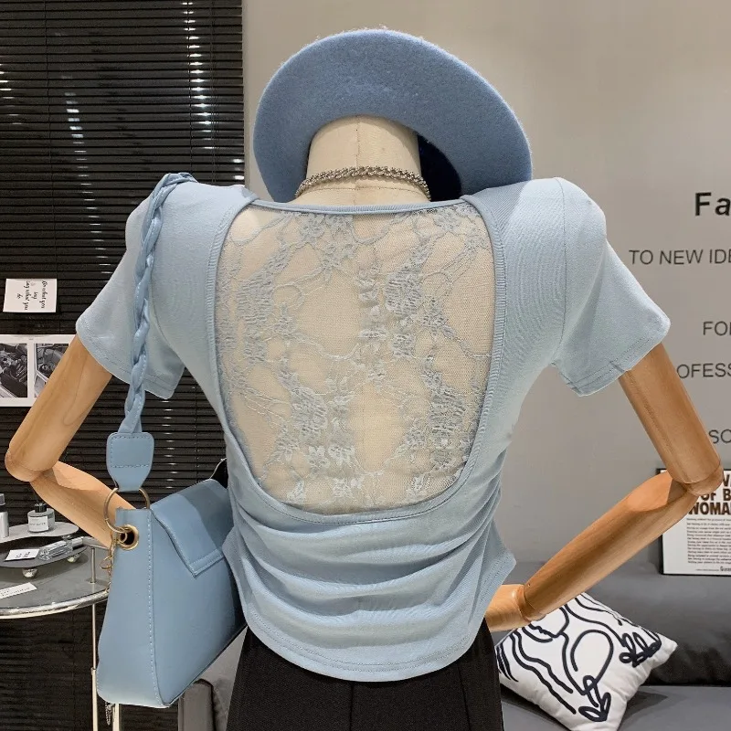 Back Hollow Out Lace Ropa De Mujer Short Sleeve Woman Clothing Pleated Tunic Clothes Summer T Shirt Pure Desire Style Camisetas