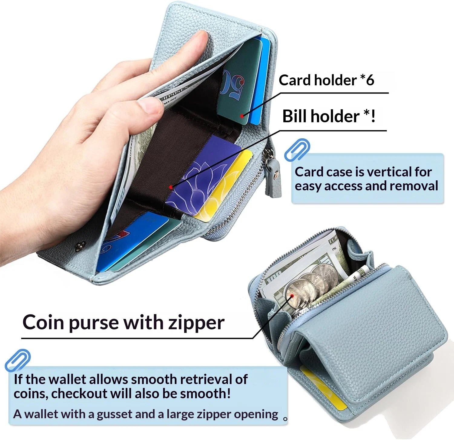 Pomelo Best Trifold Kleine Geldbörse für Damen, RFID-blockierend, Kunstleder, schlanker Kartenhalter mit Reißverschluss für Münzen – Detail 2