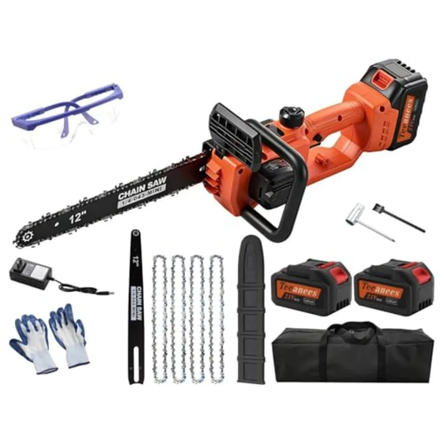 

Cordless electric chainsaw for tree pruning and yard work orange ABS plastic body 1200W brushless motor auto oiler includes 2x4