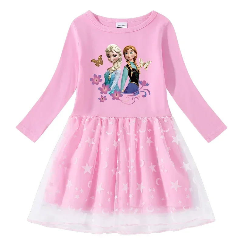 MINISO  Frozen  New Cross-border Girls' Dress Cotton Printed Cartoon Stars and Moon Mesh Long-sleeved Princess Dress