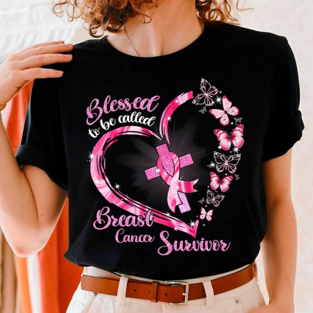 

Blessed To Be Called Breast Cancer Survivor T-Shirt Pink Butterfly Graphic Printed Tshirt Women Breast Cancer Warrior Shirt
