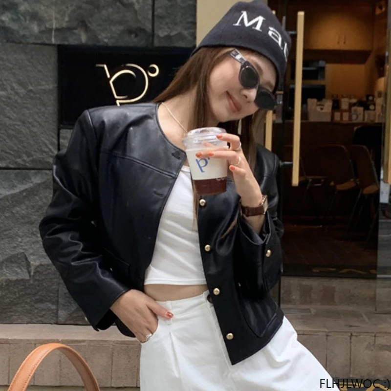 2023 Autumn Short Coats Outerwear High Street Cute Fashion Pockets Zipper Solid Black Leather PU Chic Korean Short Jackets